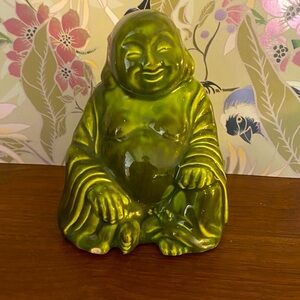 Vintage Hand Painted Olive Green Ceramic Buddha Statue